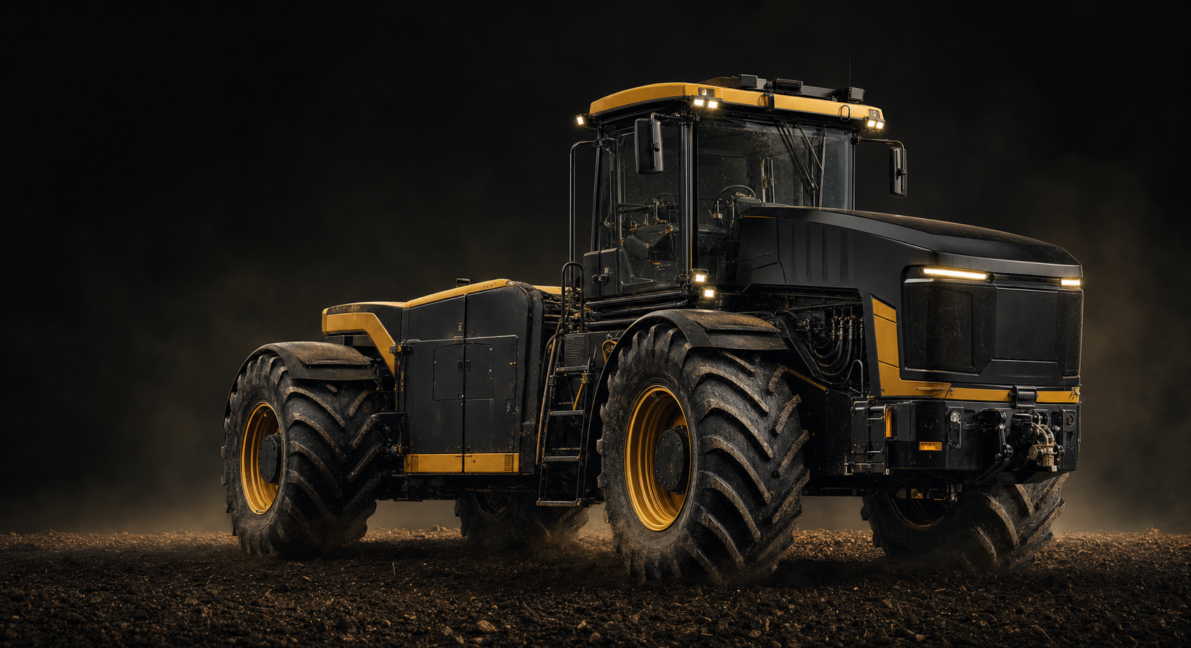 Black and yellow articulated agricultural tractor in a dark field studio
