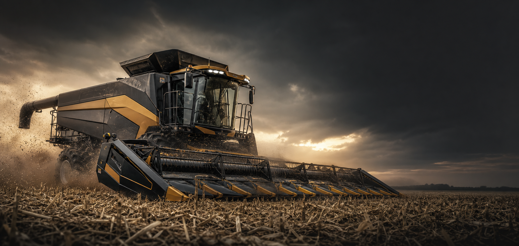 Black and harvest-yellow combine working through a field under storm clouds